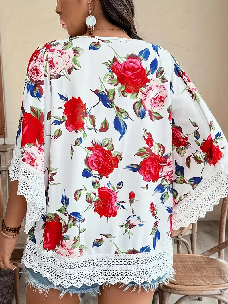 Suzy Embroidered Plus Size Printed Kimono