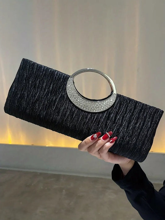 Ruched Satin Evening Clutch in Black