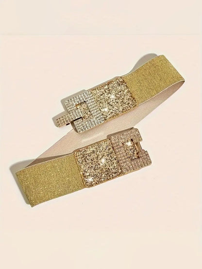 Plus Size Elastic Wide Belt with Rhinestone G Clasp In Metallics