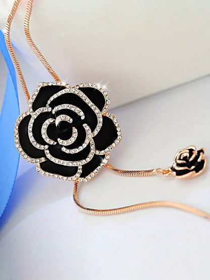Rhinestone Embellished Rose Pendant Long Necklace
