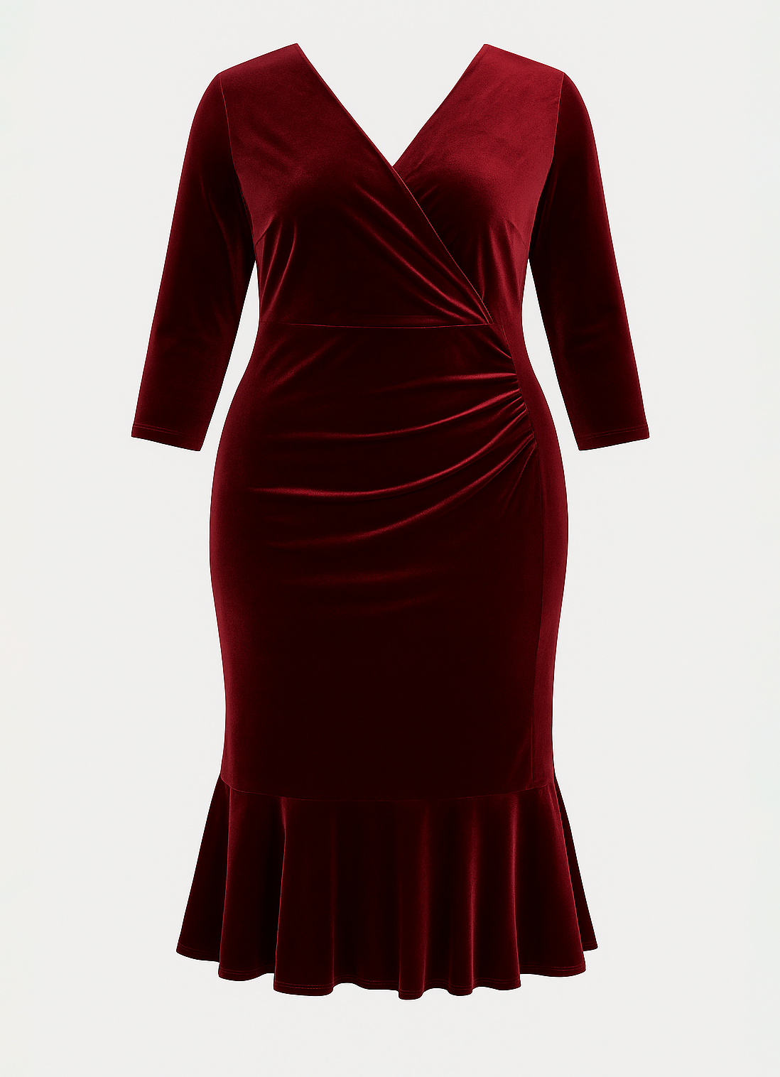 Maroon velvet dress with a fitted silhouette on a white background