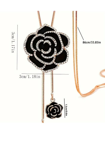 Rhinestone Embellished Rose Pendant Long Necklace