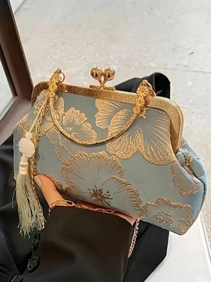 Elegant Vintage Evening Purse in Cream and Teal