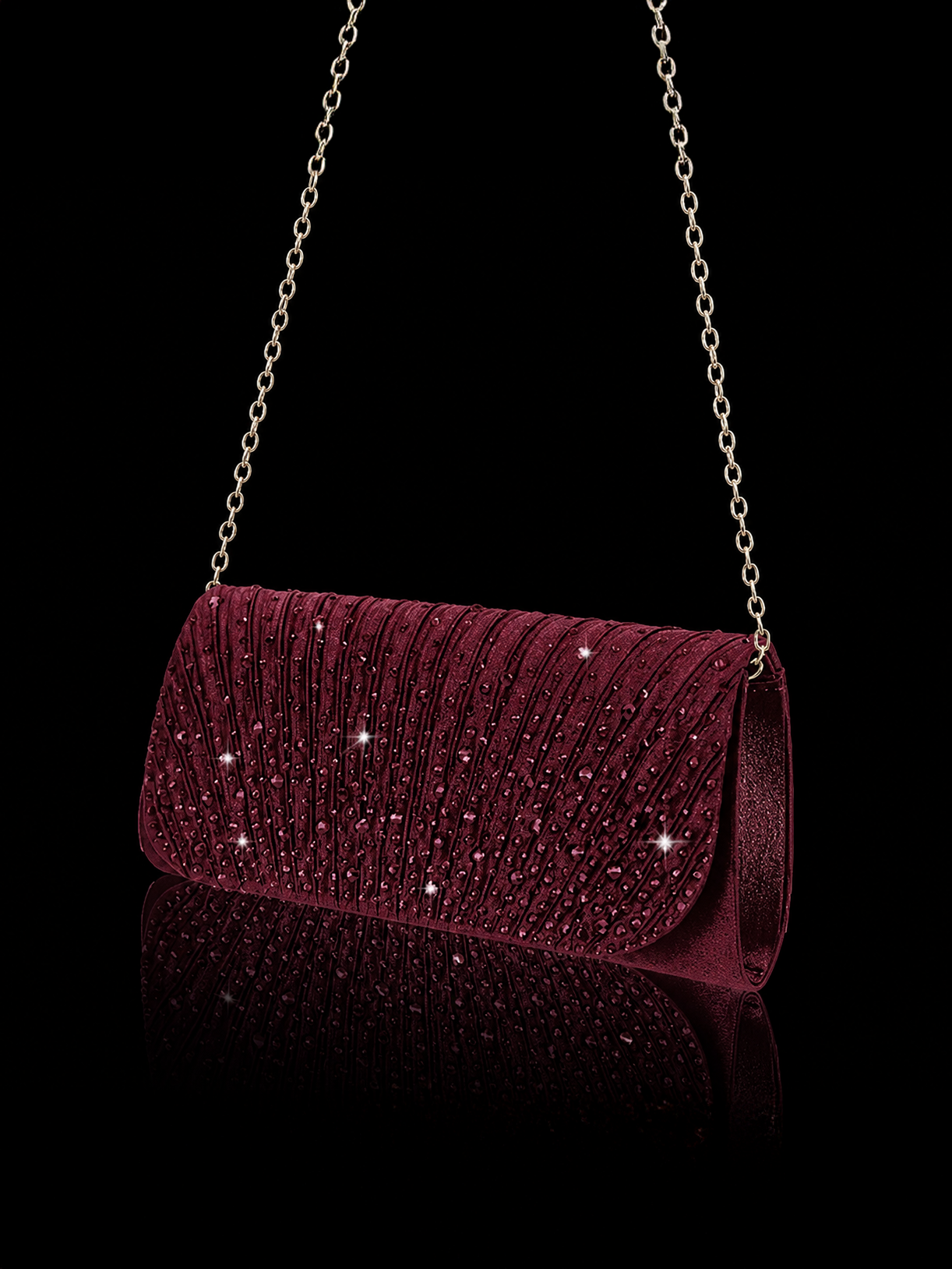 Pleated Evening Bag With Rhinestones in Wine