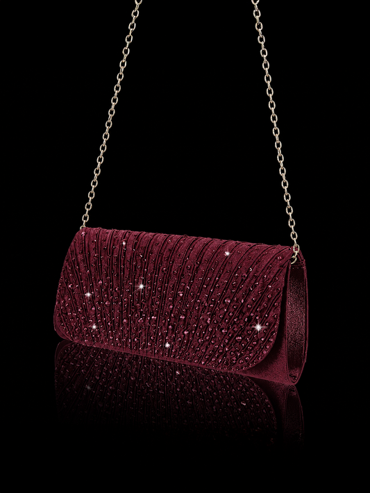Pleated Evening Bag With Rhinestones in Wine