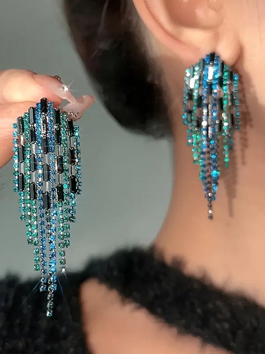 Blue & Green Tassel Statement Earrings