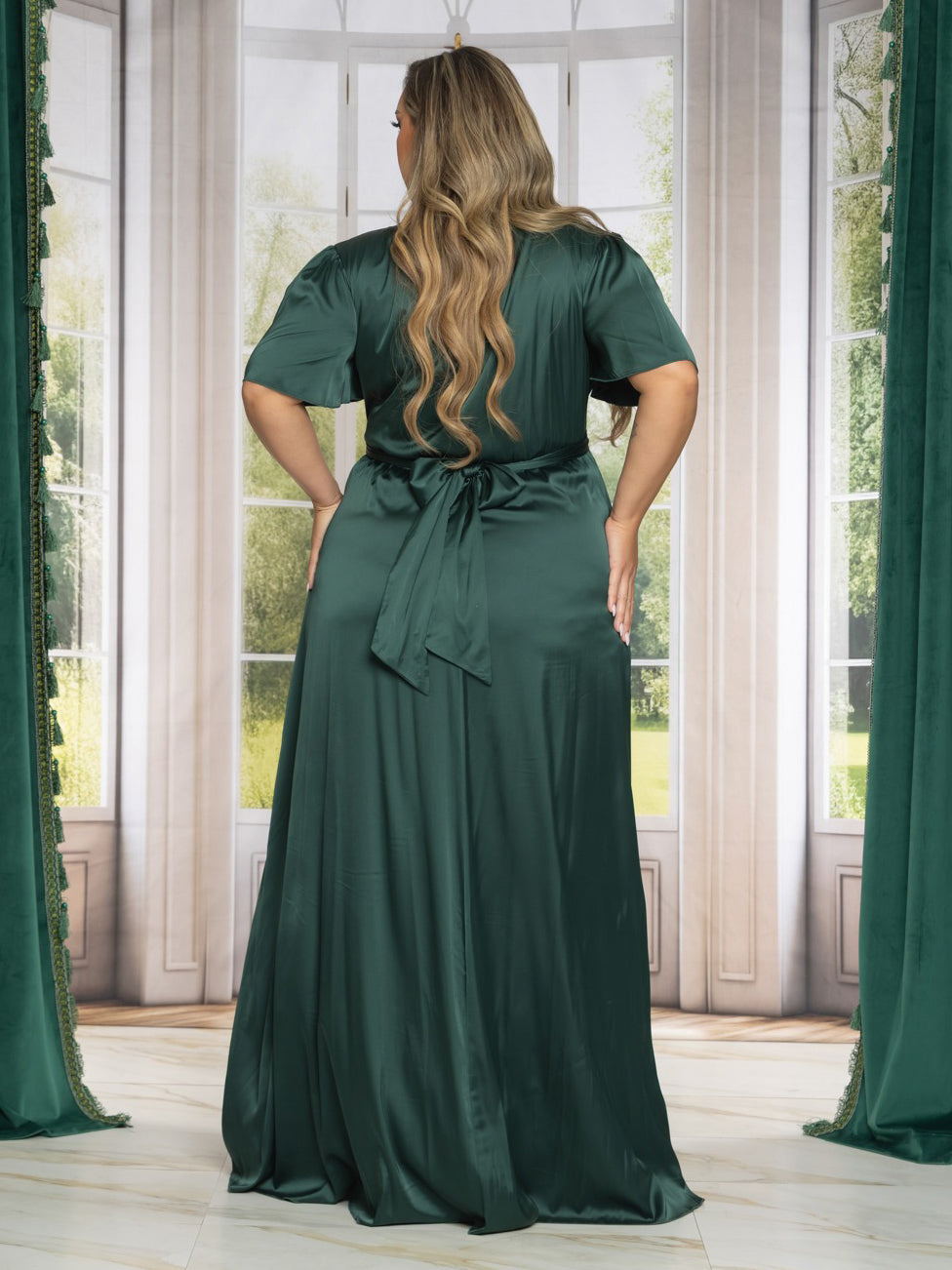 Sara Plus Size Satin Maxi Dress in Hunter Green