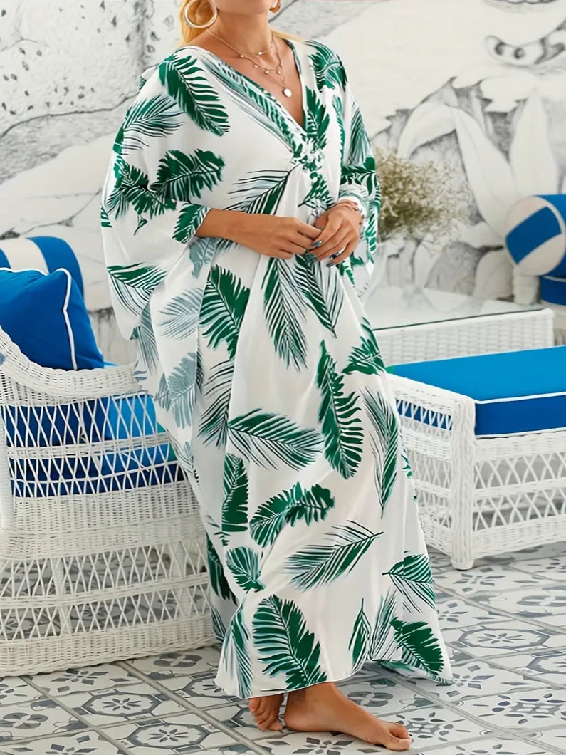 Aloha Plus Size Kaftan Dress in Green Palm