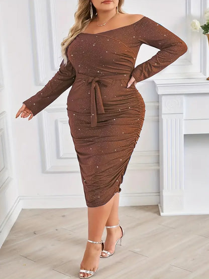 Audrey Plus Size Ruched Sparkle Dress in Brown