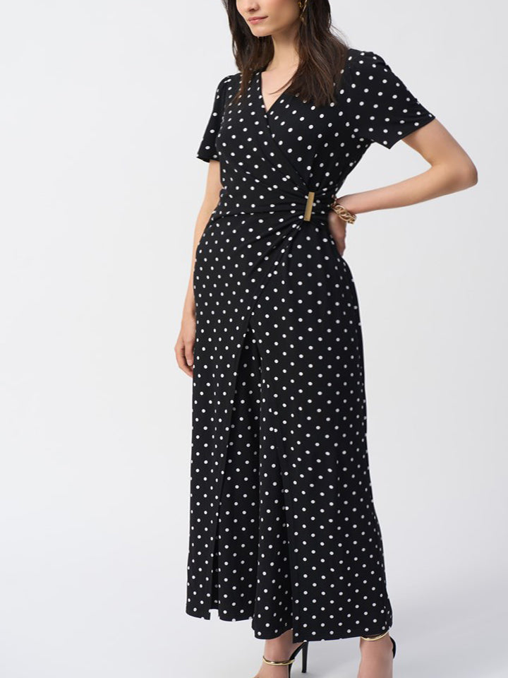 Silky Knit Dot Print Wrap Culotte Jumpsuit by designer Joseph Ribkoff Style 251008