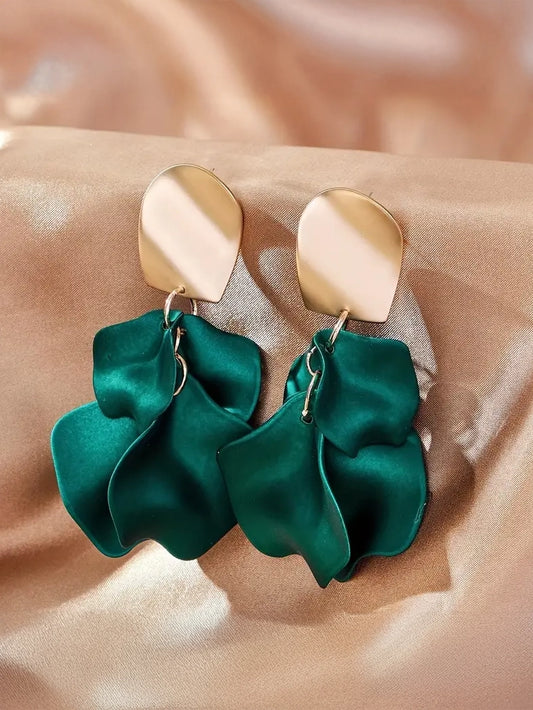 Rose Petal Dangle Earrings in Emerald Green