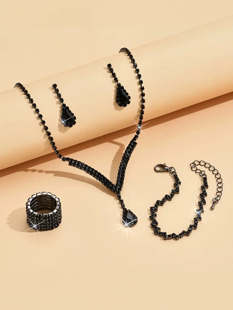 Dainty Black Rhinestone Necklace, Earrings, Ring and Bracelet Set