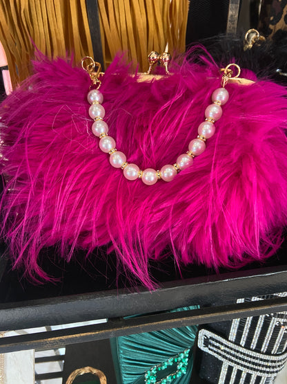 Faux Fur Long Hair Evening Clutch in Vibrant Fushia