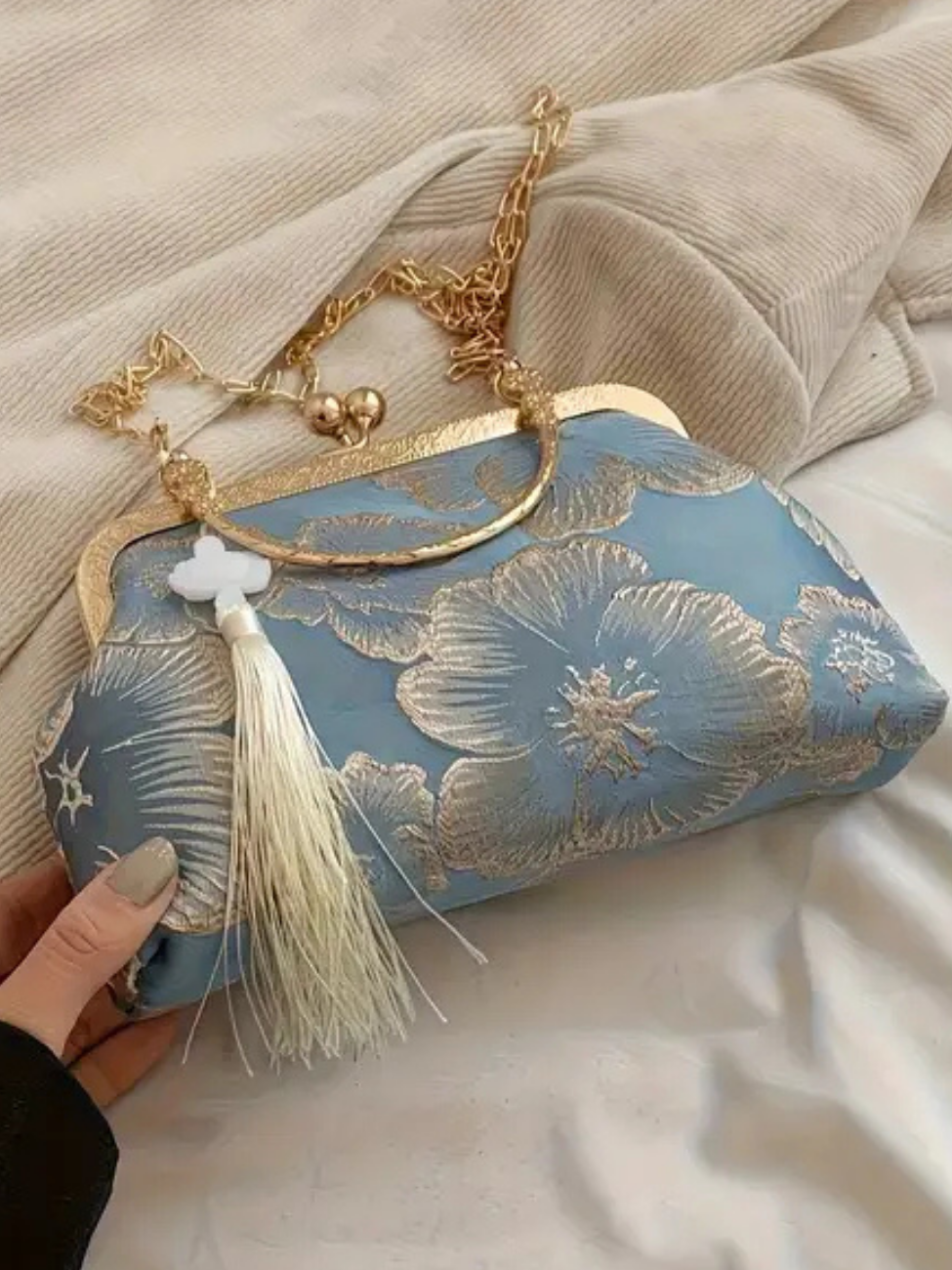 Elegant Vintage Evening Purse in Cream and Teal