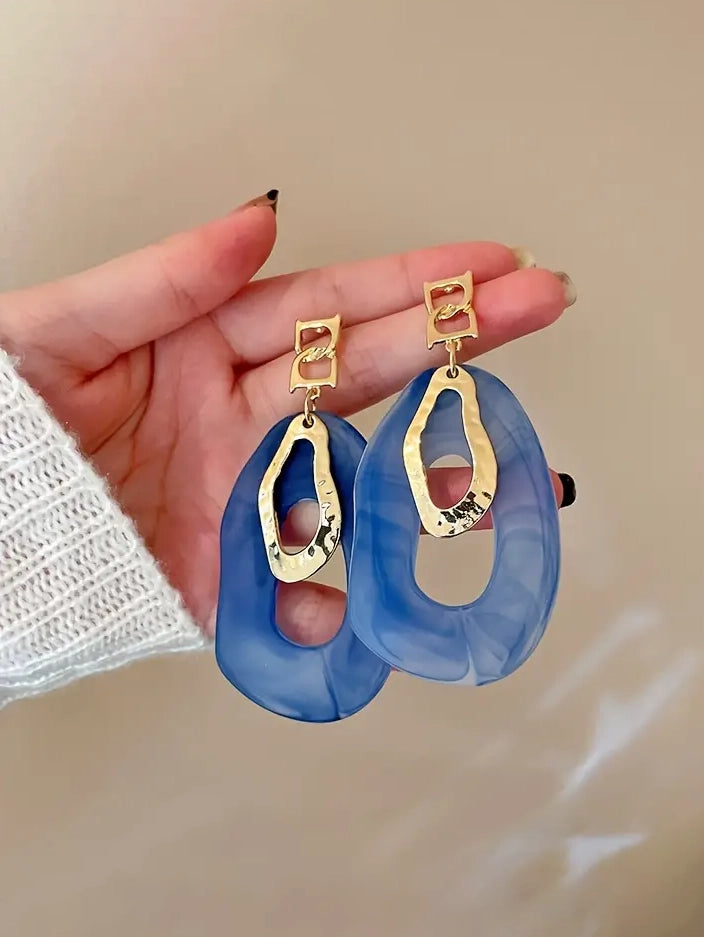 Blue Dangle Earrings with Gold Alloy Trim