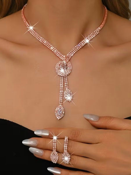 Rhinestone Necklace and Earring Set in Rose Gold