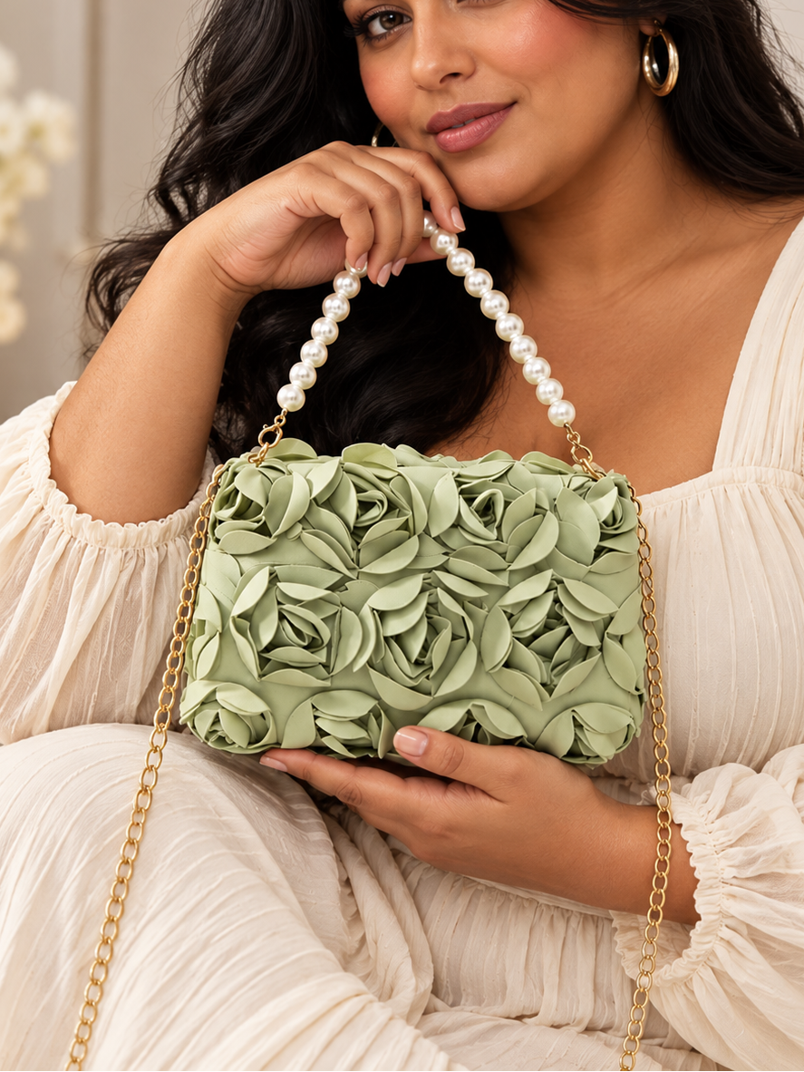Rosette Pearl Evening Bag in Sage Green