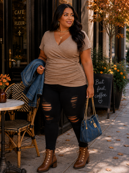 Joanne Short Sleeve Plus Size Top in Mocha