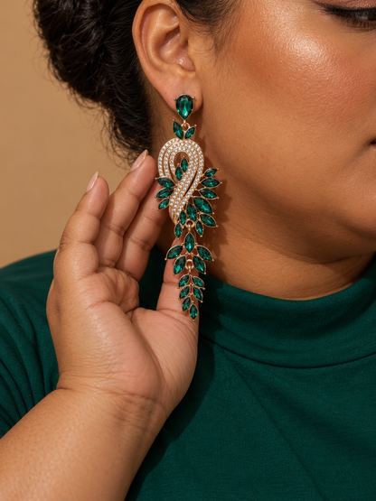 Crystal Leaf Earrings in Black and Green