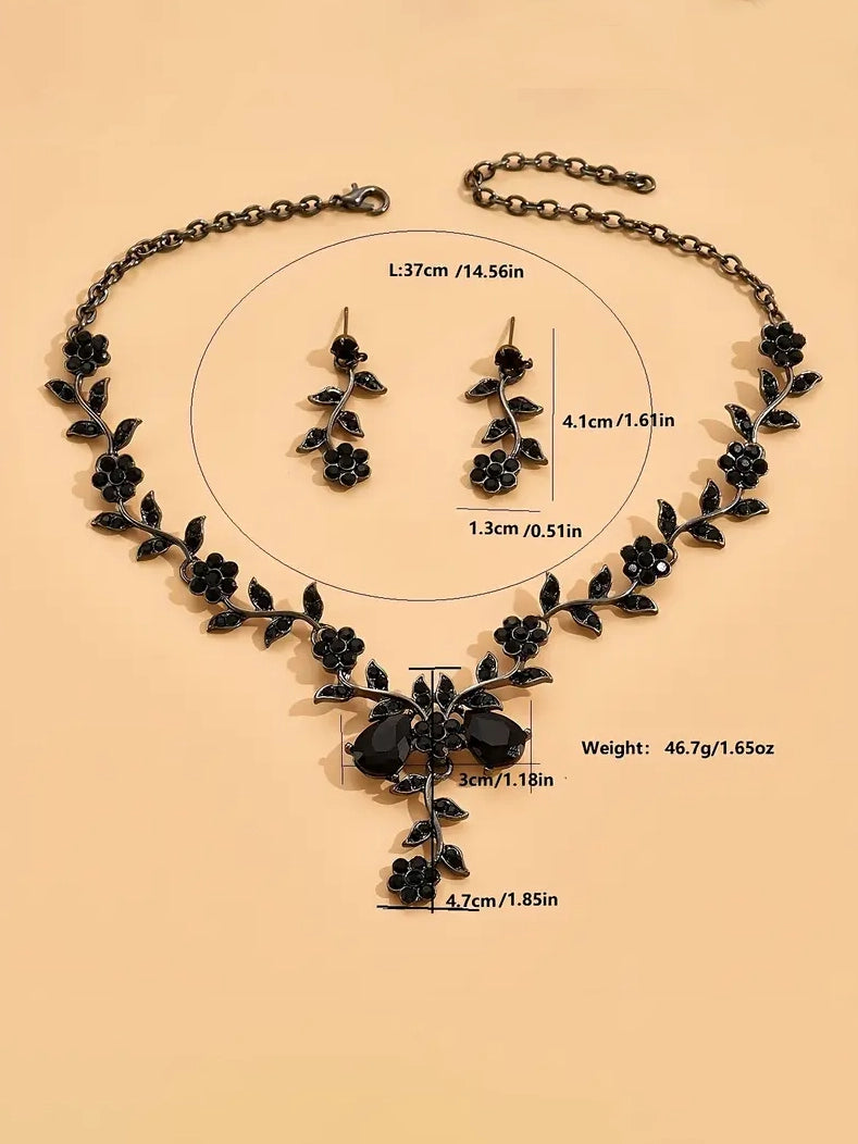 Black Floral Necklace & Earring Set