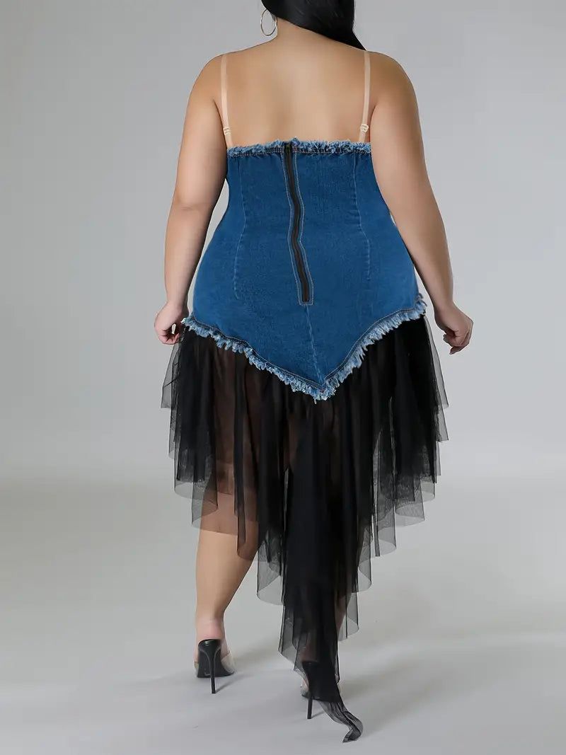 Oceane Denim and Tulle Plus Size Party Dress