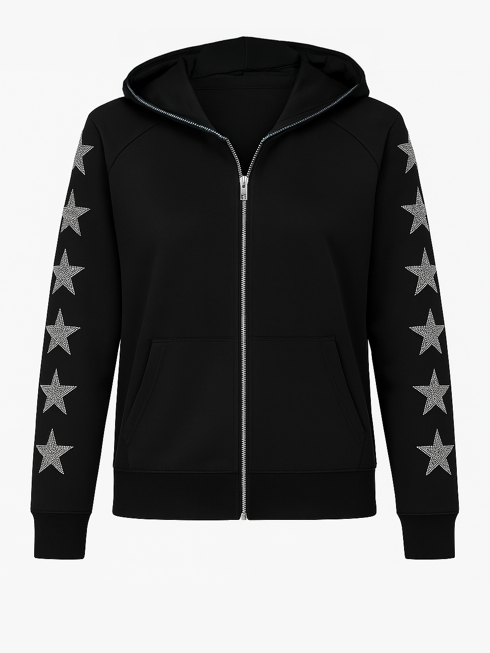 Black hoodie with star patterns on sleeves against a white background