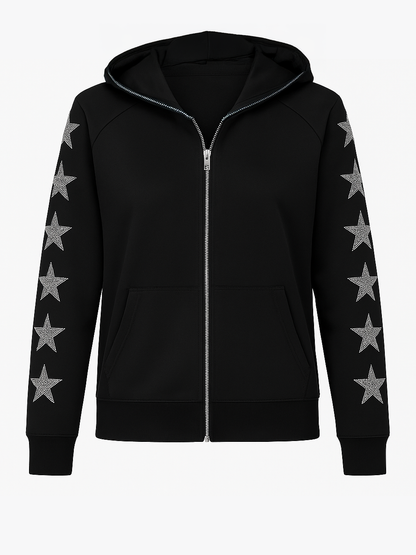 Black hoodie with star patterns on sleeves against a white background