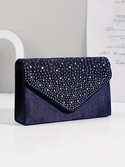 Rhinestone Satin Evening Clutch in Navy Blue