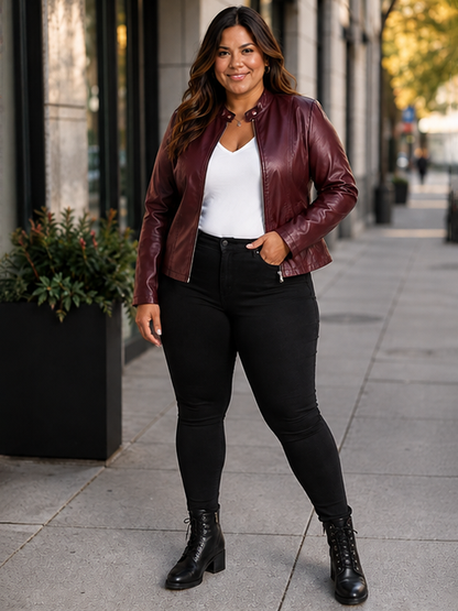 Lara Moto Zip Up Plus Size Jacket in Cranberry