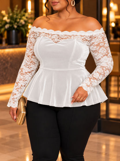 Victoria Lace & Velvet Plus Size Top in White