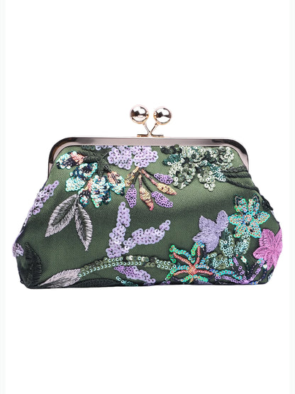 Sequin Embroidered Satin Clutch