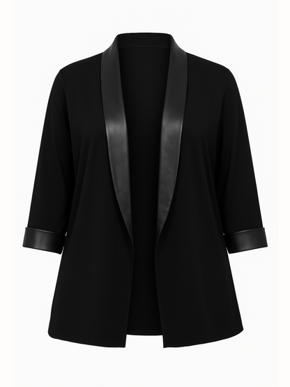 Black blazer with leather trim on a white background