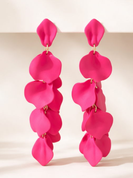 Exaggerated Long Petal Tassel Earrings in Fuchsia