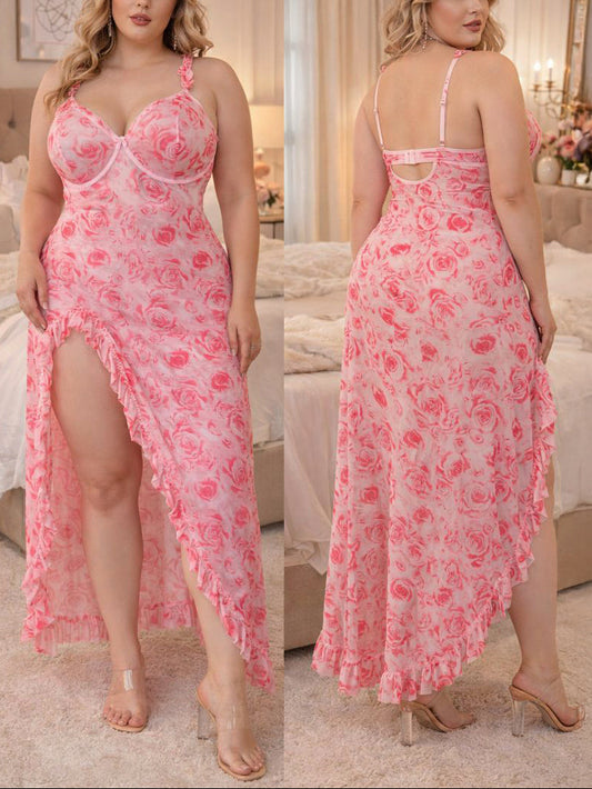 Woman wearing a pink floral nightgown in a bedroom setting