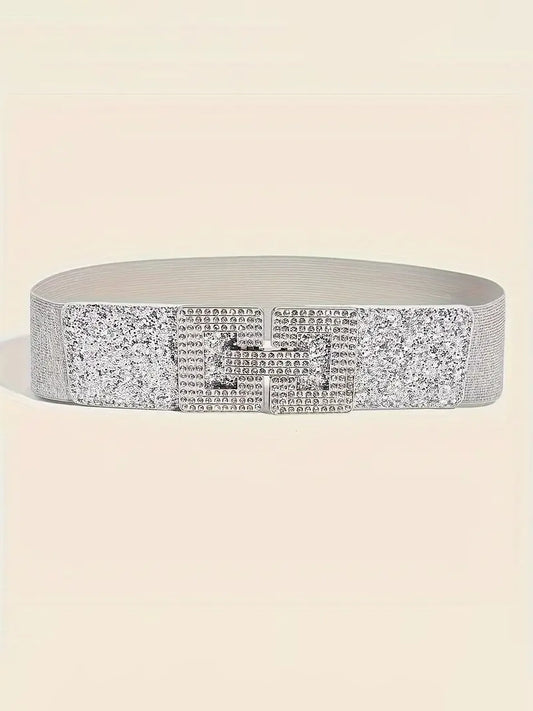 Plus Size Elastic Wide Belt with Rhinestone G Clasp In Metallics