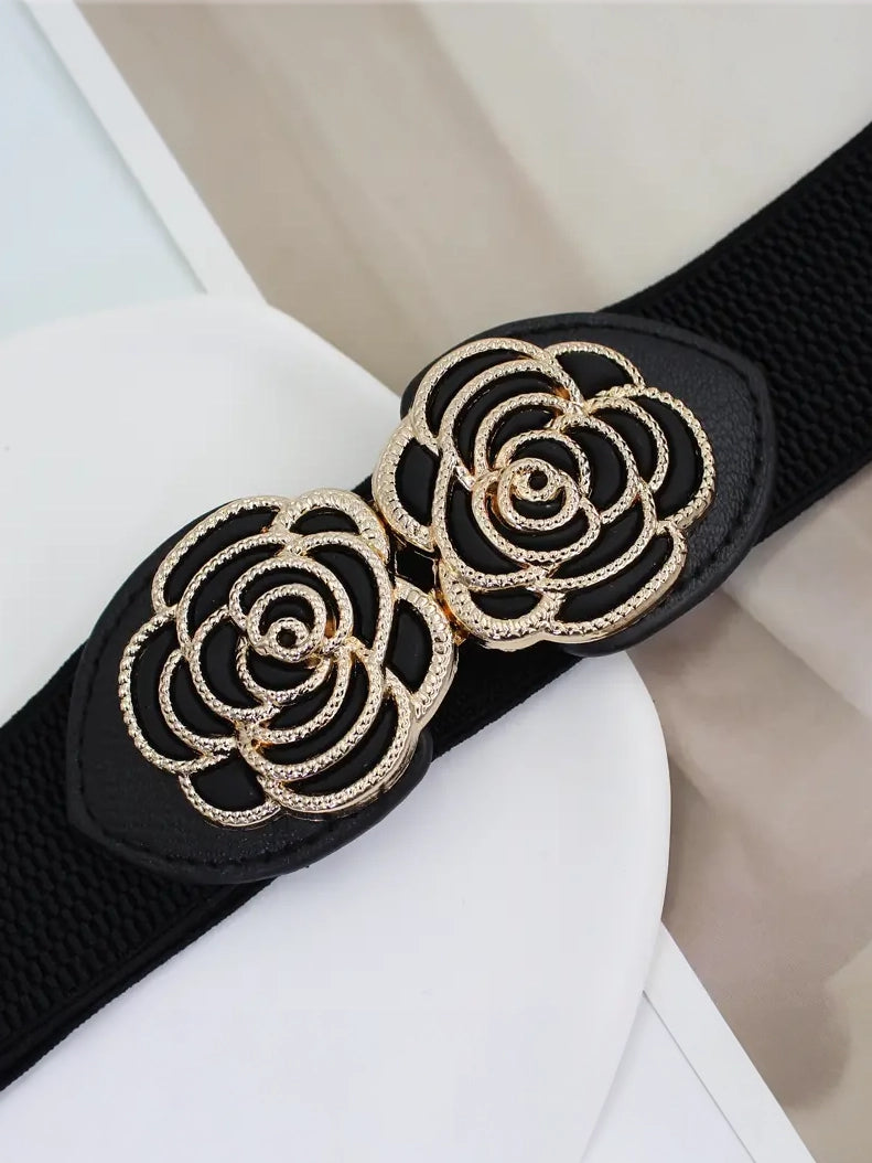 Plus Size Elastic Wide Belt with Rose Clasp