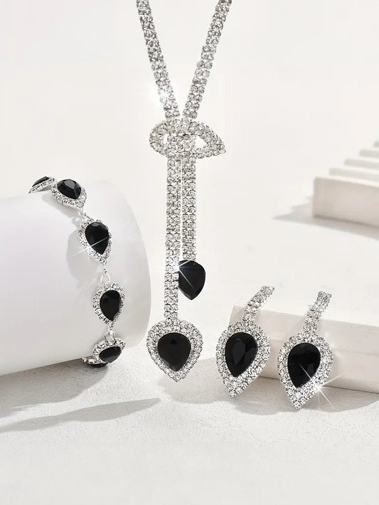 Rhinestone Necklace, Earring and Bracelet Set with Black Stone