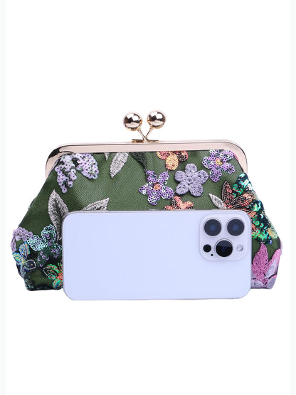 Sequin Embroidered Satin Clutch