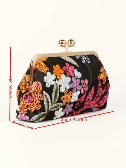Sequin Embroidered Satin Clutch Black