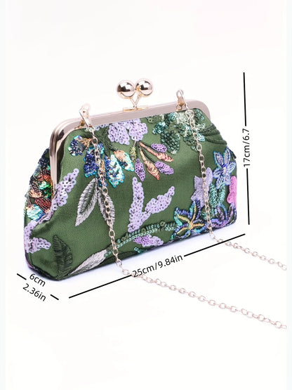 Sequin Embroidered Satin Clutch