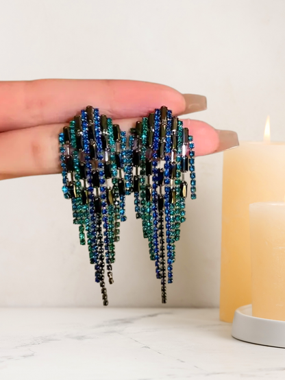 Blue & Green Tassel Statement Earrings