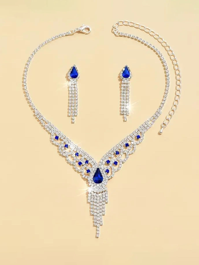 Rhinestone Tassel Necklace and Earring Set in Blue