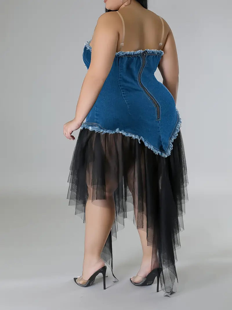 Oceane Denim and Tulle Plus Size Party Dress