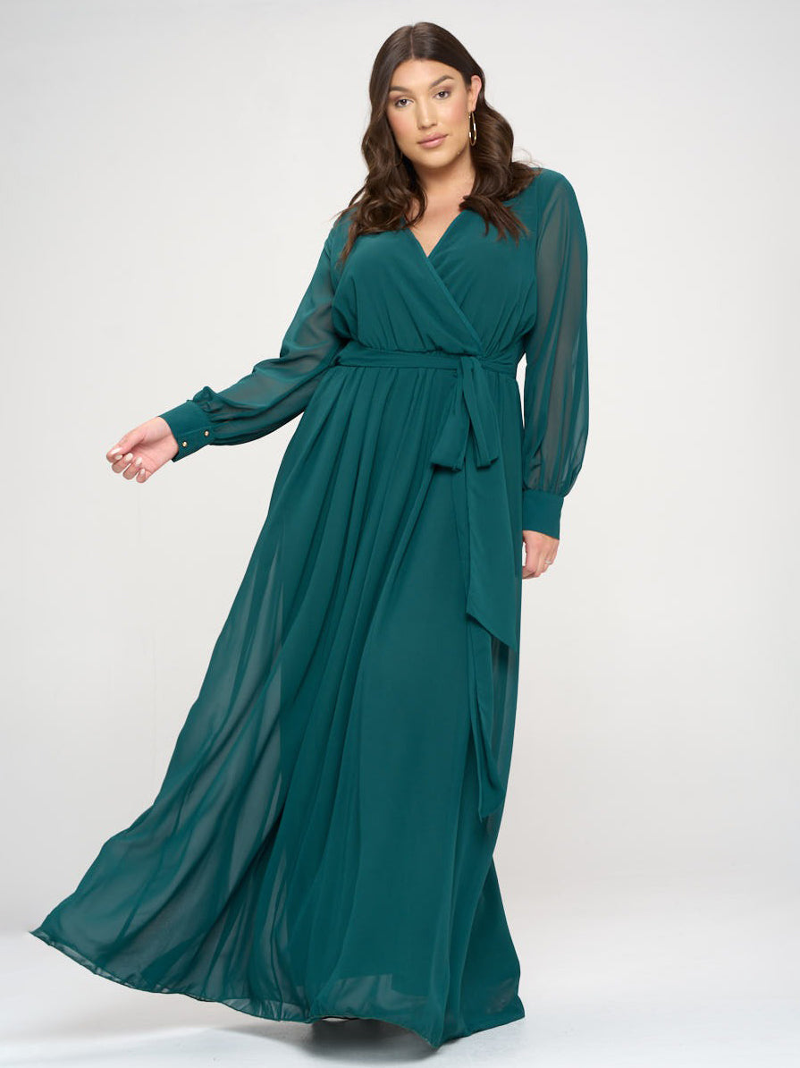 Abigail Plus Size Chiffon Maxi Dress in Hunter Green