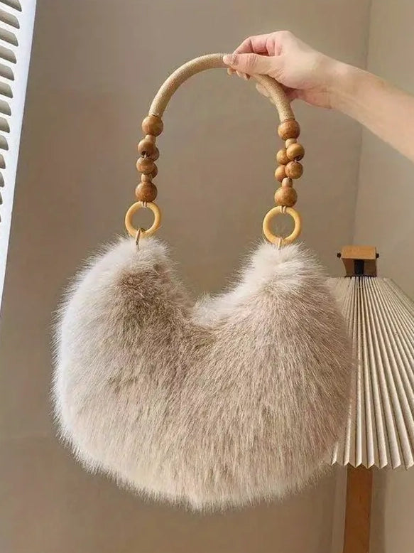 Faux Fur Bag With Wooden Handle in Mocha