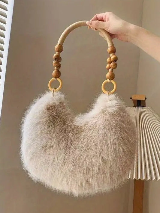 Faux Fur Bag With Wooden Handle in Mocha