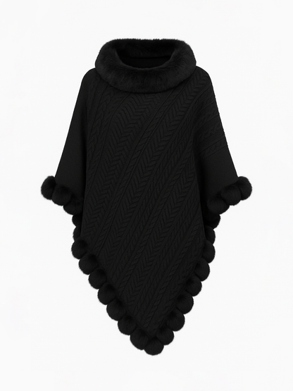 Cozy Knitted Poncho With Faux Fur Trim