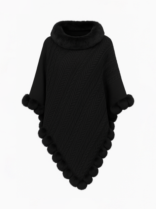 Cozy Knitted Poncho With Faux Fur Trim