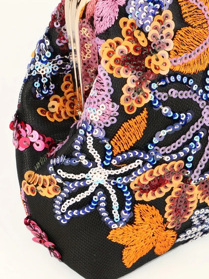 Sequin Embroidered Satin Clutch Black