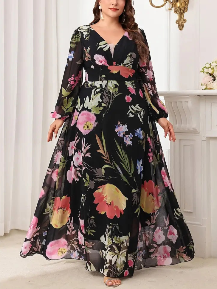 Woman wearing a floral dress in a elegant indoor setting